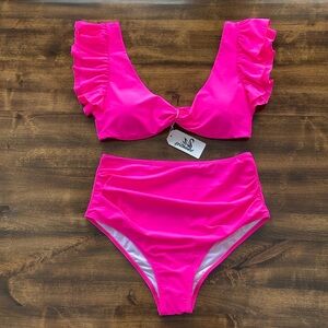 Sporlike Women’s Pink Ruffle Shoulder Tie Back Two Piece Bikini Swimsuit -‎ XL